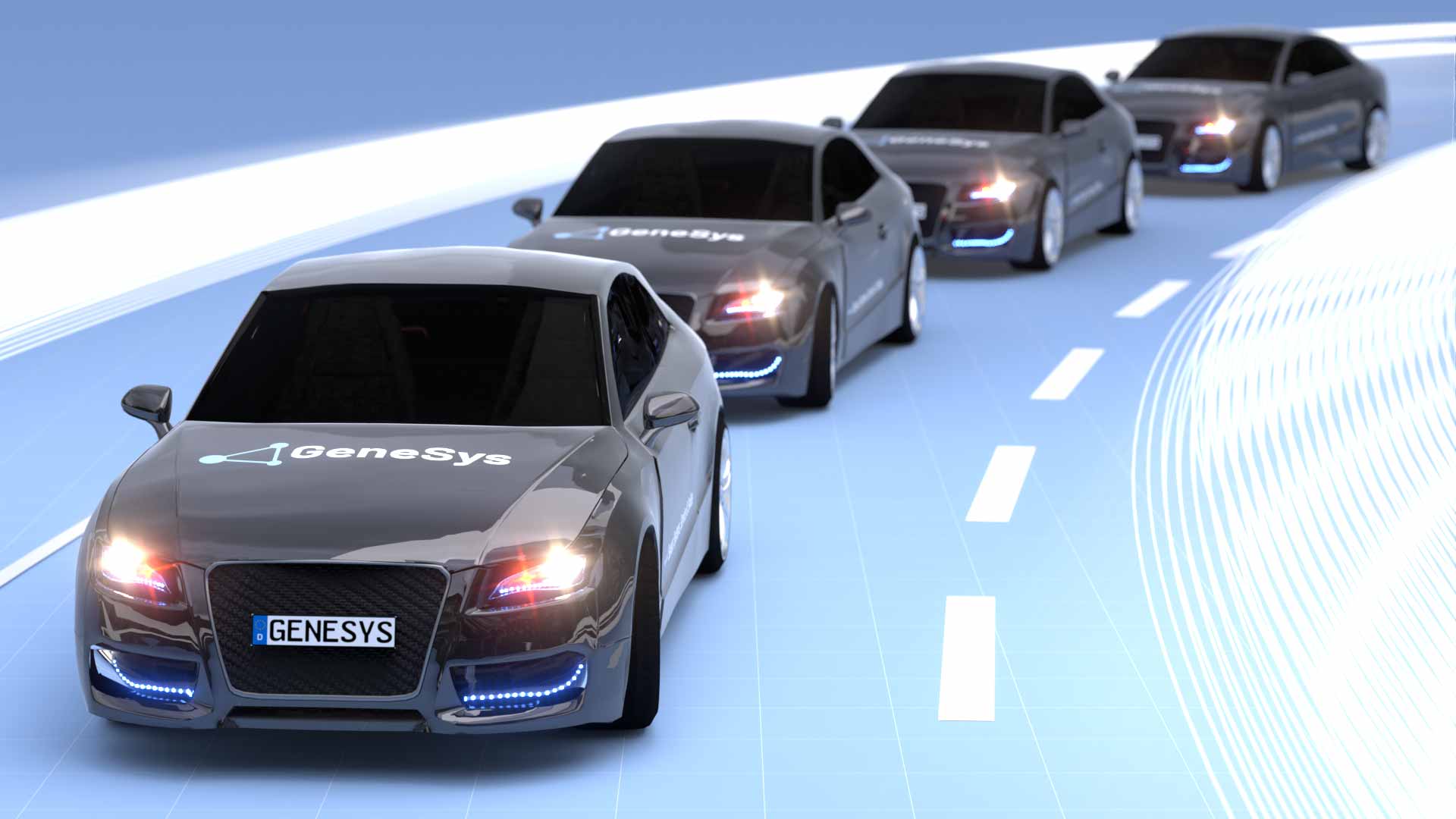 mehrere Fahrzeuge fahrend auf einer Straße hintereinander für autonome Fahrzeugtests, mit eingebautem Inertialreferenzsystem. Multiple vehicles driving one behind the other on a road for auotnomous vehicle testing, equipped with an inertial reference system