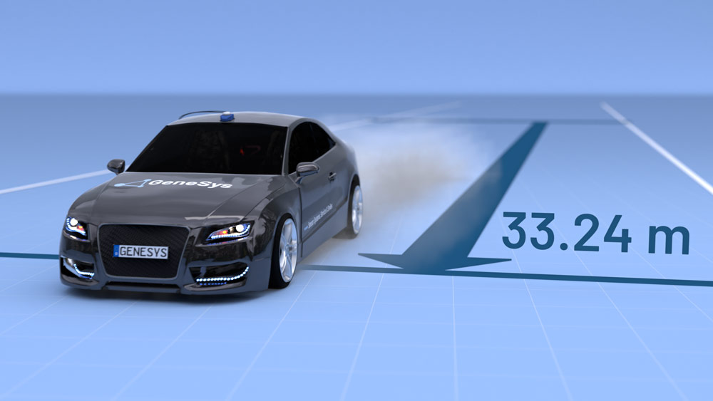 A vehicle with a sensor mounted on the roof brakes, an arrow next to the vehicle marks and shows the braking distance. This is 33.24 m. Ein Fahrzeug mit einem auf dem Dach montierten Sensor bremst, ein Pfeil neben dem Fahrzeug markiert und zeigt den Bremsweg. Dieser beträgt 33,24 m.