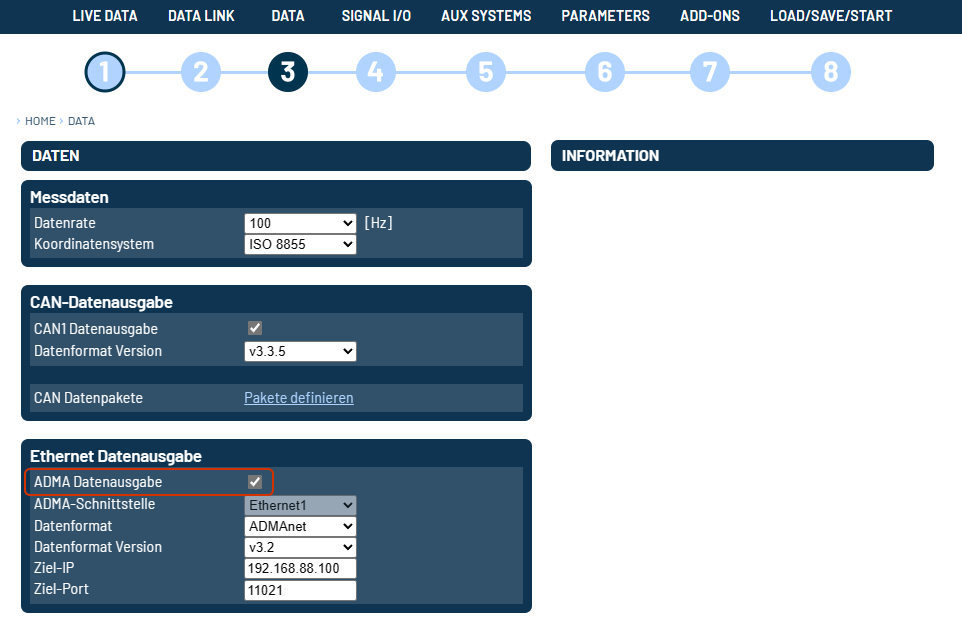 Shows the marked position of the parameter for ADMAnet data output in the ADMA Webinterface.