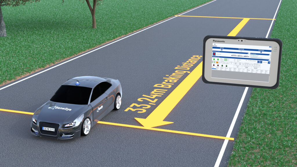 Shows the result of a braking distance measurement with the Ethernet Logger. The result is 33,24 meters.