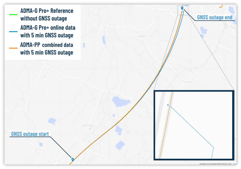 Shows trajectories of the online ADMA data and from the data of the ADMA post processing and compares them in drift behavior.