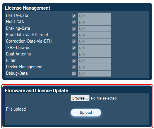 Shows the license management area in the ADMA Web Interface. In this area, the licenses of the ADMA can be updated  .