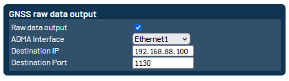 Shows the default settings for GNSS raw data output in the ADMA web interface.