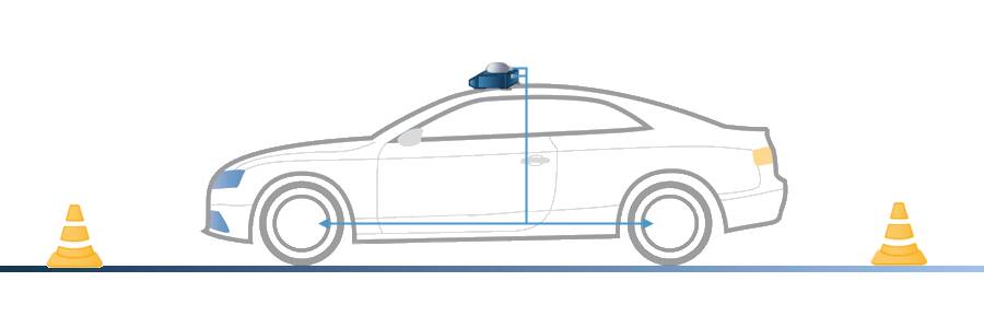 Shows a Vehicle in a braking scenario between two cones.