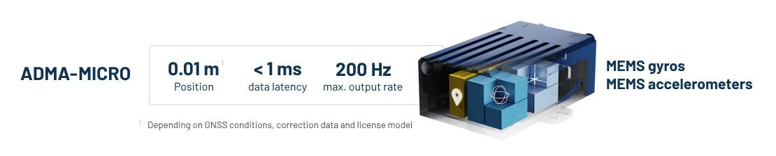 Shows a short overview of the most important technical data of the ADMA-Micro. Position, velocity, heading, roll and pitch accuracy are mentioned.