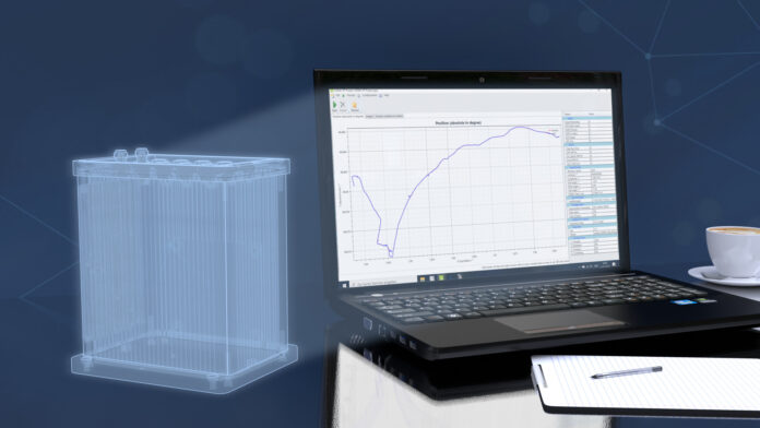 Shows a Laptop with the ADMA PP Software opened and an animated ADMA System consisting of light beams projiziert