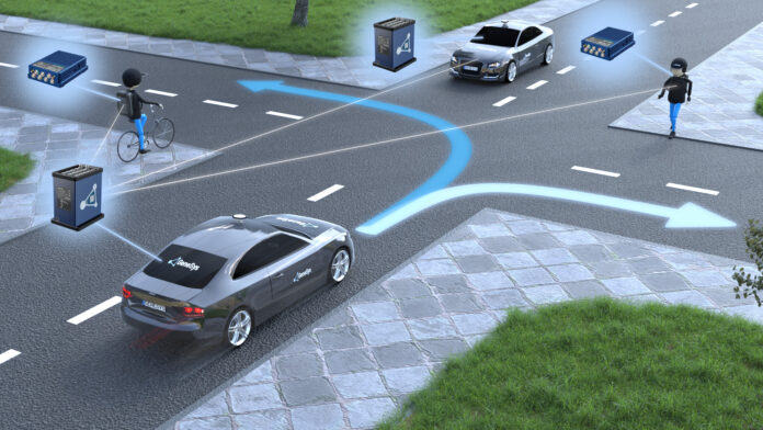 The image shows a crossing with a car in the focus that wants to turn left or right, signalized by arrows, and 3 other road users: two pedestrians, crossing the street on the right and on the left hand side and a car accommodating.