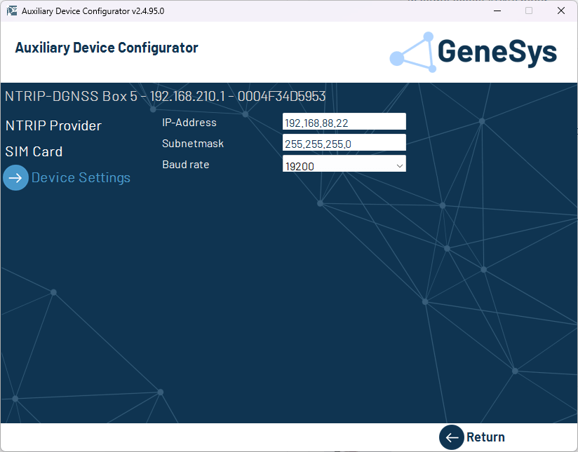 Shows the Device Settings page of the Auxiliary Device Configurator in which the IP-address and the baud rate of the device can be configured.