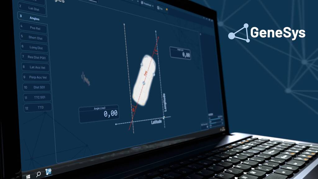 Shows a Laptop with the ADMA Data Logger Software opened up. Currently a part of the Add-On LatDev Preset is shown, where the current angle of the vehicle in relation to the line is visualized.