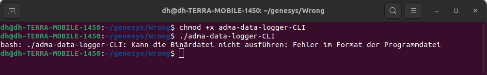 Shows the error message, that is shown in the Linux terminal, when the user is trying to execute an application file that is designed for another distribution / system architecture.