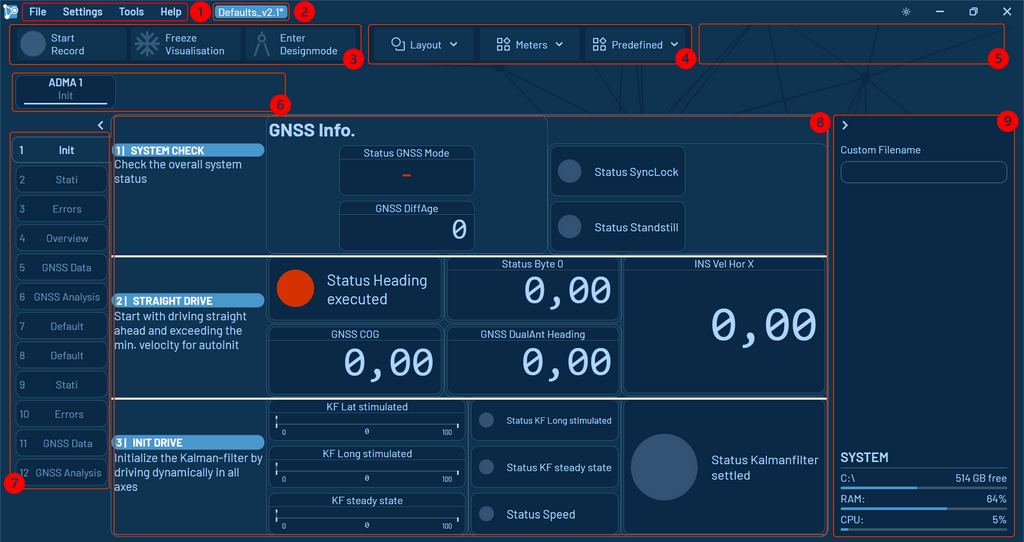 The image shows the start view of the ADMA Data Logger with numbers to mark different areas in of the screen for description in the following chaptors of the article.