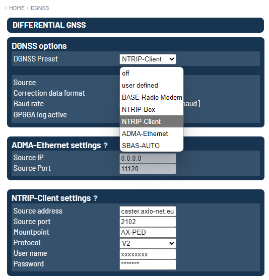 Shows the configuration page in the ADMA Webinterface for setting up the NTRIP Client feature. Source address, Source Port, Mountpoint, User Name and Password are required. 