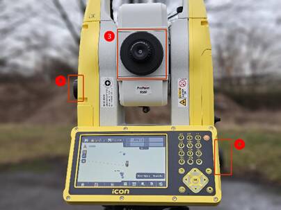 Shows the used Leica Total Station with markups for the different components that can be used for focussing the reflectors.