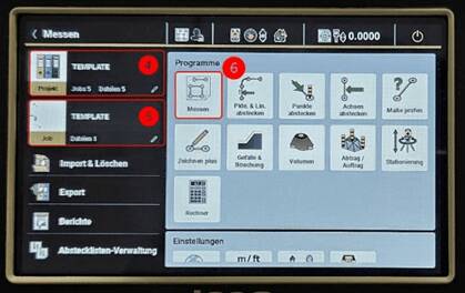 The image shows the main menu of the used Leica total station with marked menues.