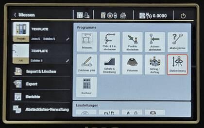 Shows the start menu of the used total station and a markup for relocate the Total Station.