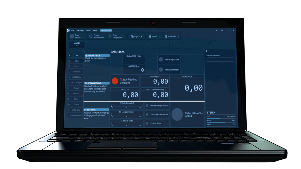 Shows a laptop with the ADMA Data Logger Software opened up.