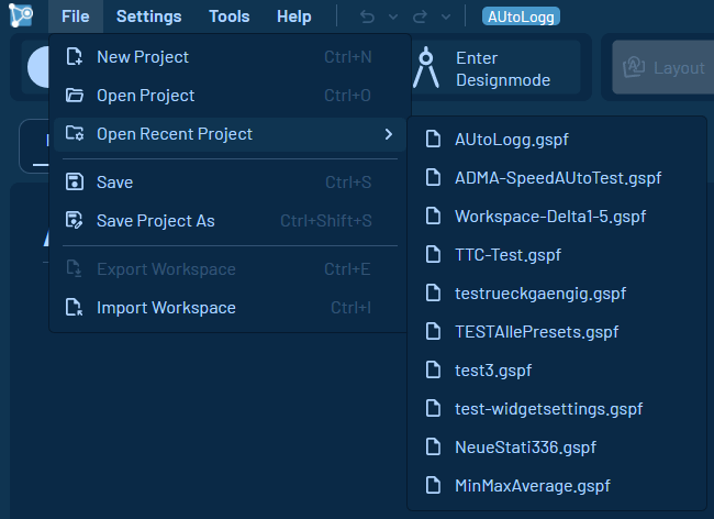 Shows the items of the drop down context menu "file".