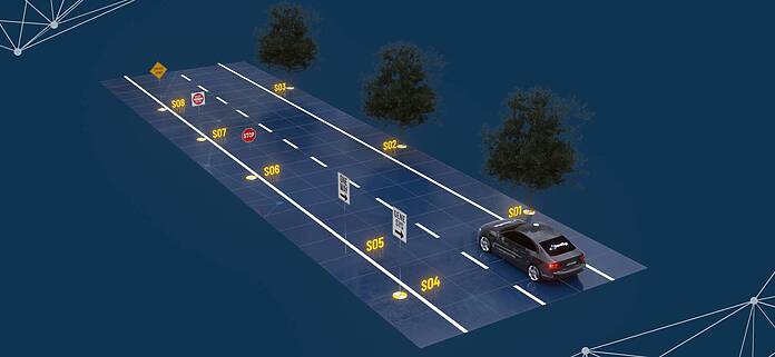 Vehicle on the test track. The vehicle passes up to 16 static objects. Fahrzeug auf einer Strecke. Das Fahrzeug passiert bis zu 16 statische Objekte.