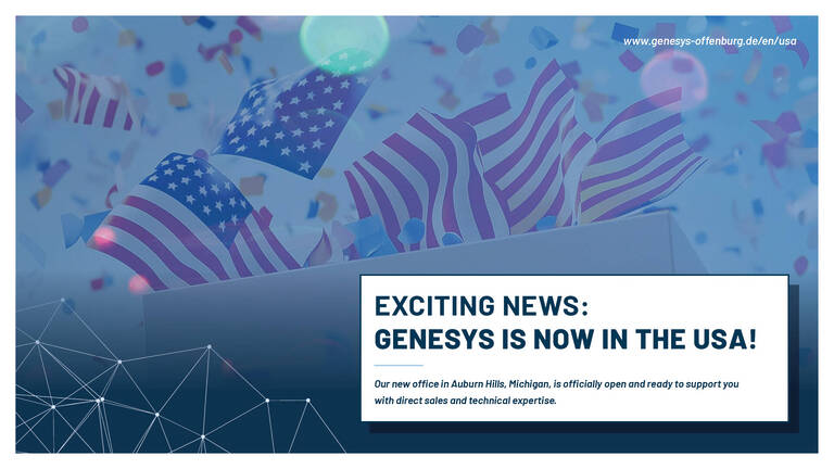 Grafik mit einer Box, aus der USA-Flaggen herausragen. Drum herum fliegen Konfetti. Darunter ein Infokasten mit dem Text: Exciting news: GeneSys is now in the USA! Our new office in Auburn Hills, Michigan, is officially open and ready to support you with direct sales and technical expertise. Über der Box die Web-Adresse www.genesys-offenburg.de/en/usa