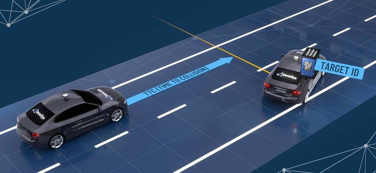 One vehicle is driving straight ahead in its lane, a second vehicle is approaching diagonally from the lane next to it. both vehicles are equipped with sensors. the graphic of an ADMA-G is placed on the vehicle driving diagonally with the label target id. Ein Fahrzeug fährt in seiner Spur geradeaus, ein zweites Fahrzeug nähert sich schräg von der Spur nebenan. Beide Fahrzeuge sind mit Sensoren ausgerüstet. Auf das schräg fahrende Fahrzeug ist die Grafik einer ADMA-G gesetzt mit der Beschriftung Target ID.