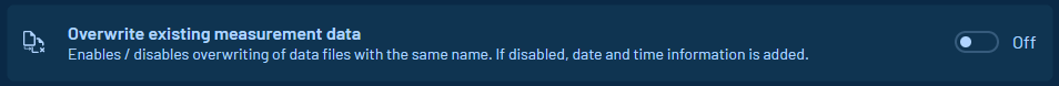 Shows the "Overwrite existing measurement data" option and its description text. It enables overwriting files with same naming.