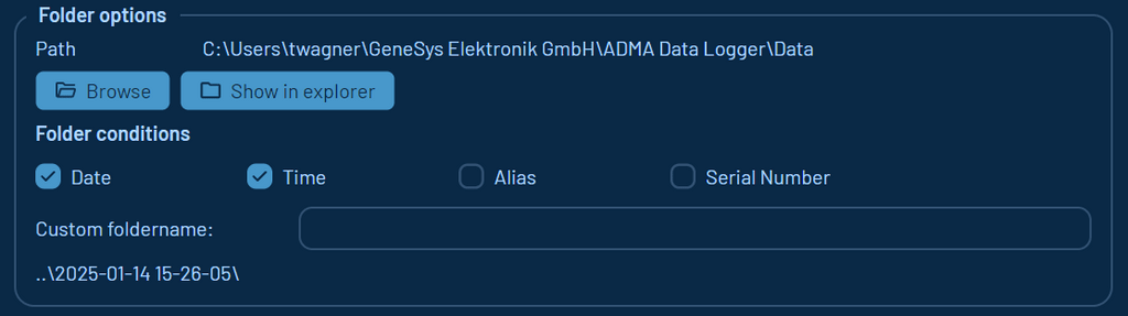 Shows the folder options of the ADMA Data Logger with all its possibilities.