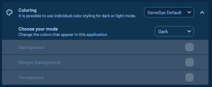 Shows the personalization possibilities. GeneSys Presets for dark and light mode can be used but also user defined color modes are configurable.