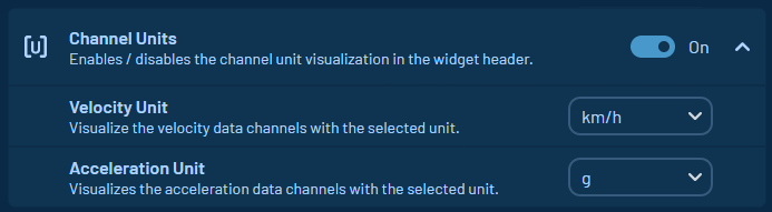 Shows the unit settings of the ADMA Data Logger. The units can be enabled / disabled and the velocity and acceleration units can be changed. 