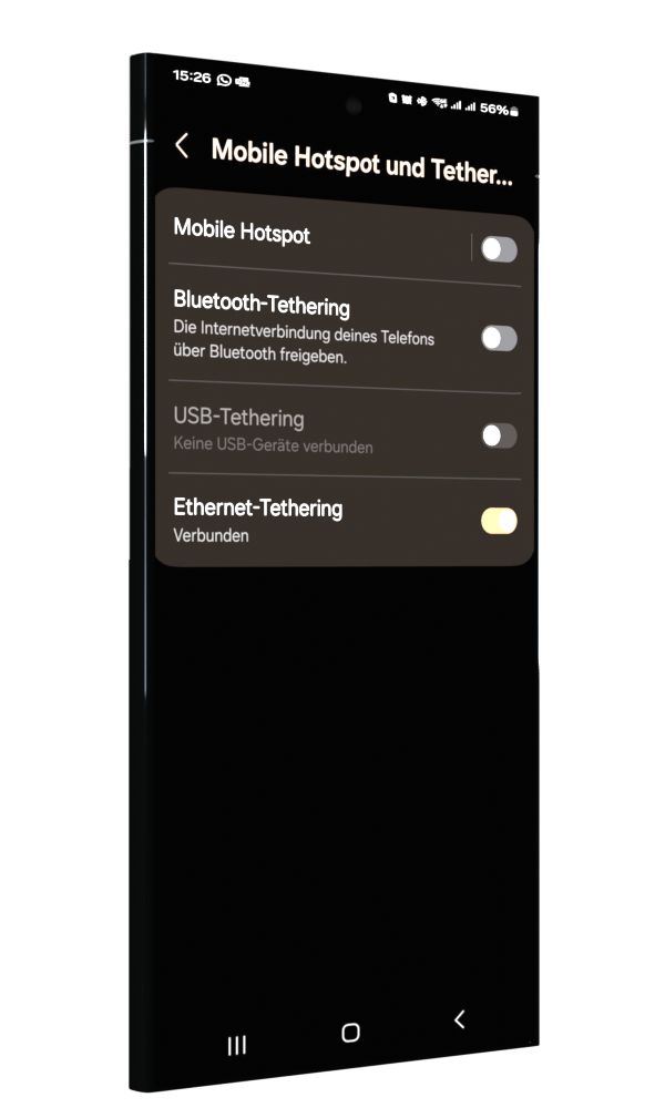 Shows the Android menu for activating a USB Thethering via Ethernet.
