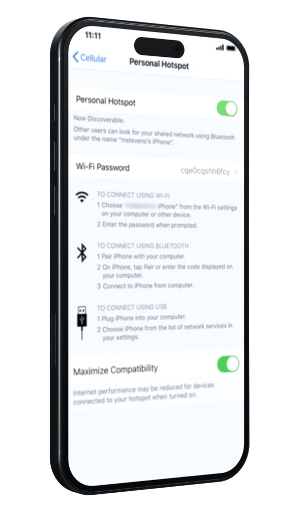 Shows the Iphone menu for activating the Personal Hotspot.