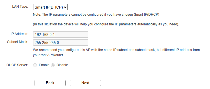 Shows where to select DHCP in the Accesspoint Quick Setup.