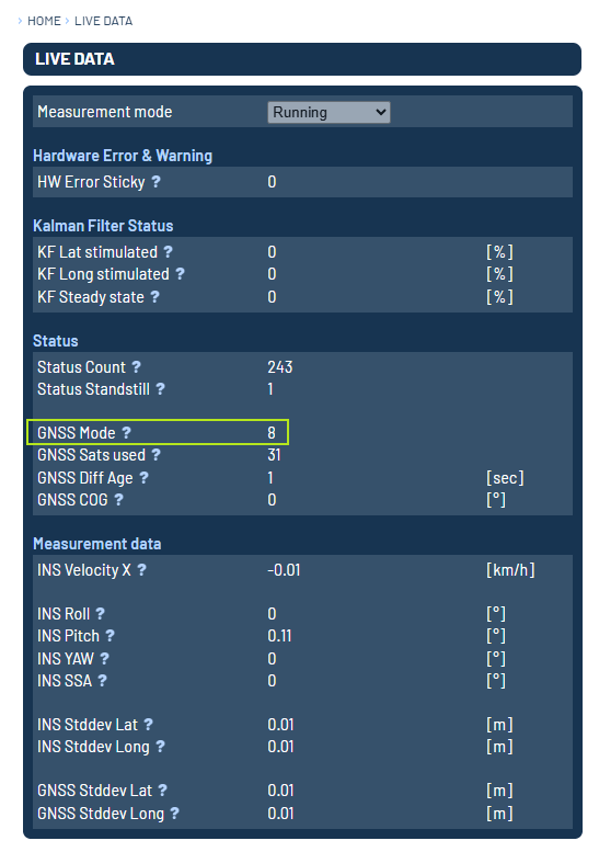Shows the ADMA Webinterface live data section while having RTK.