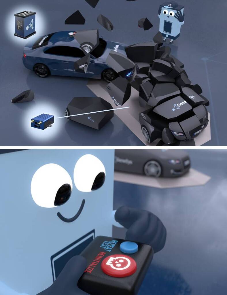 Shows a vehicle crash with a target platform and ADMI, who is pretty happy, that doesn't need to restart the intertial system, but just hit "new measurement".