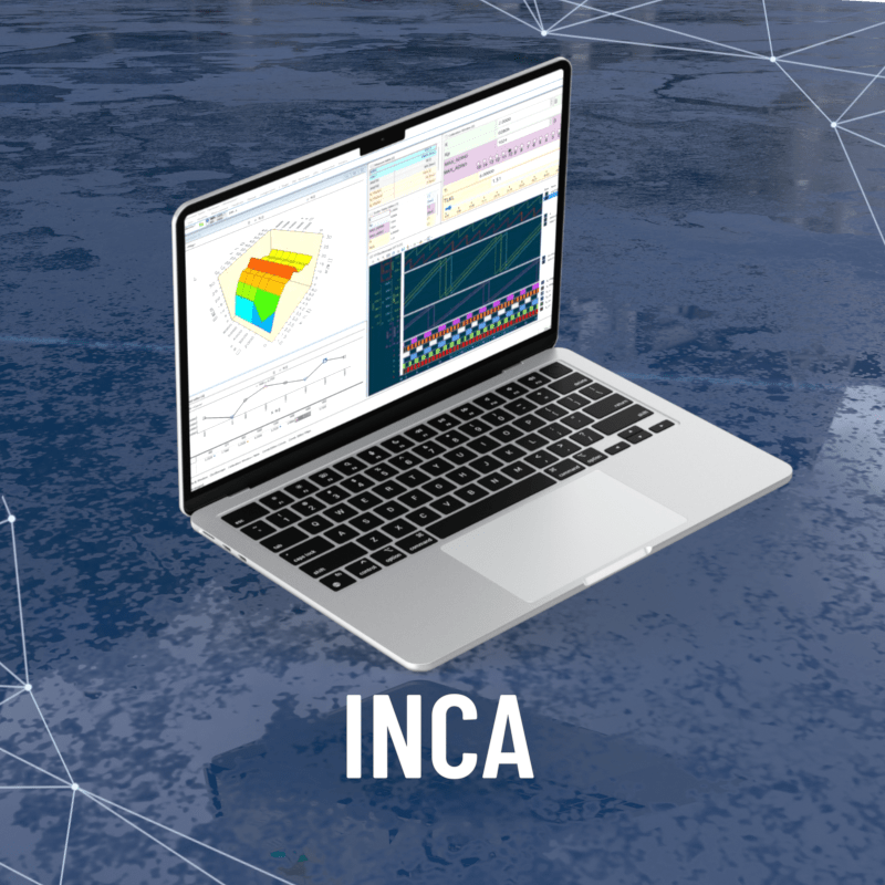 Shows a laptop with the INCA Software active.