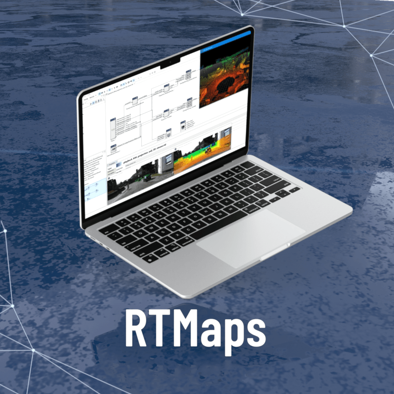 Shows a laptop with the RTMaps Software active.