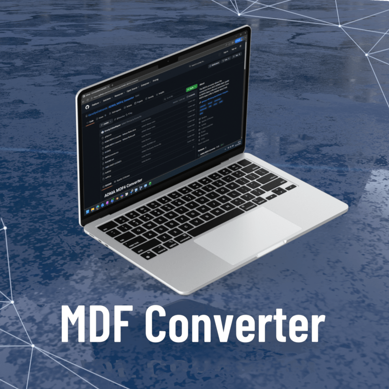 Shows a laptop with the MDF Converter Software active.